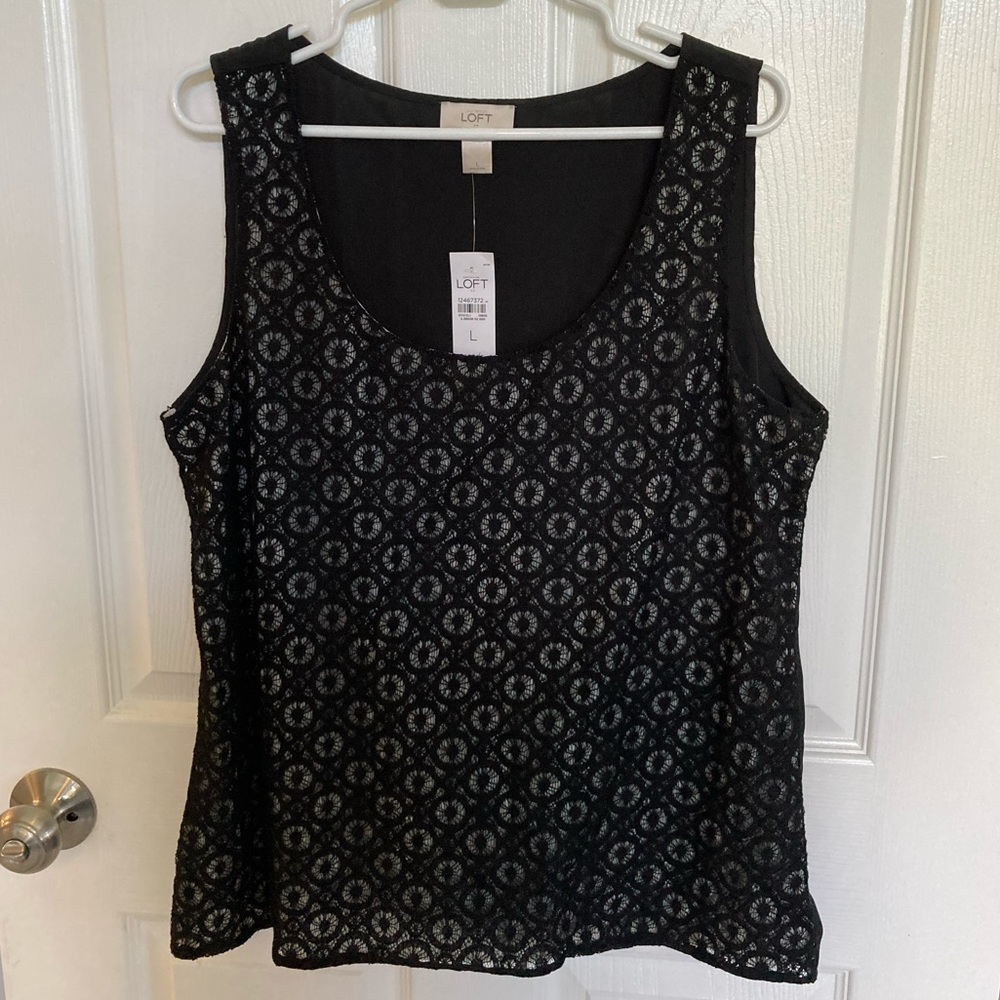 NWT LOFT Lace Front Black & White Tank Blouse L